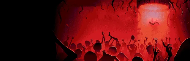 THE WELL IS NOT EMPTY art: a person falls through a shaft of red light toward a crowd of reaching, silhouetted figures below