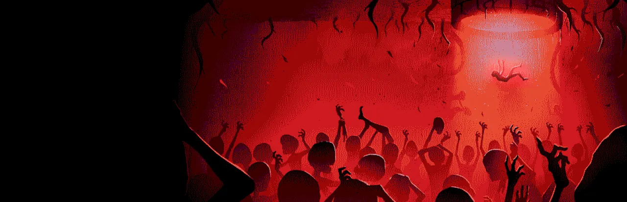 THE WELL IS NOT EMPTY art: a person falls through a shaft of red light toward a crowd of reaching, silhouetted figures below