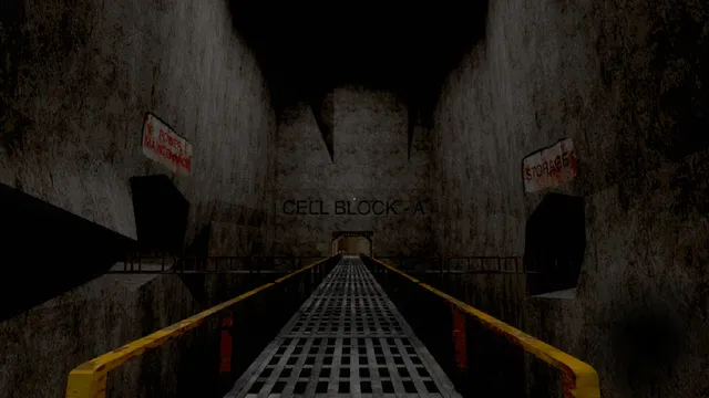 THE WELL IS NOT EMPTY screenshot: a metal walkway between rough concrete walls leading toward Cell Block A
