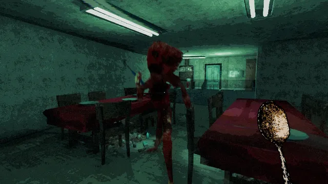 THE WELL IS NOT EMPTY screenshot: a tall red, blood-soaked creature in a green-lit canteen, with the player's rusty spoon in view