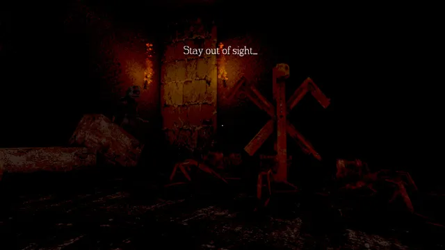 THE WELL IS NOT EMPTY screenshot: a red-lit underground room with a ritual symbol and the prompt to stay out of sight