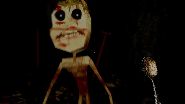 THE WELL IS NOT EMPTY screenshot: a thin creature with a huge pale, bloodied face and black eyes standing in the dark