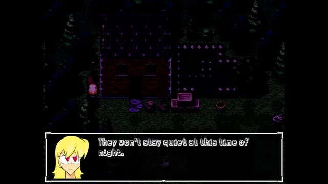 The Well Speaks to Me screenshot: the forest at night in dark purple, Alice with red eyes saying they won't stay quiet at this time of night