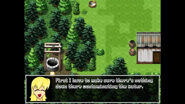 The Well Speaks to Me screenshot: Alice by the stone well in a green forest clearing, saying she must make sure nothing is contaminating the water