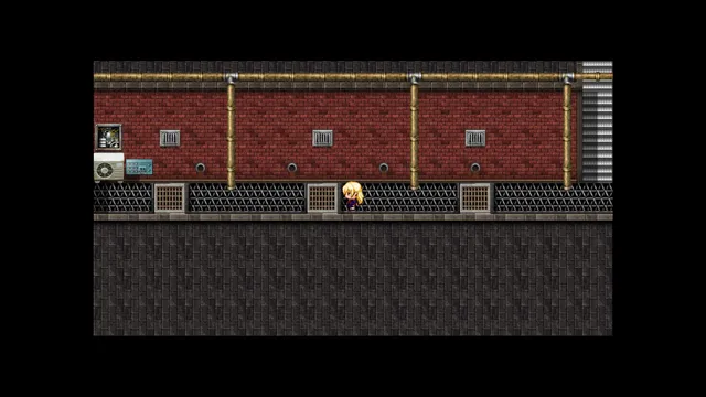 The Well Speaks to Me screenshot: Alice walking along a red brick wall lined with pipes and vents