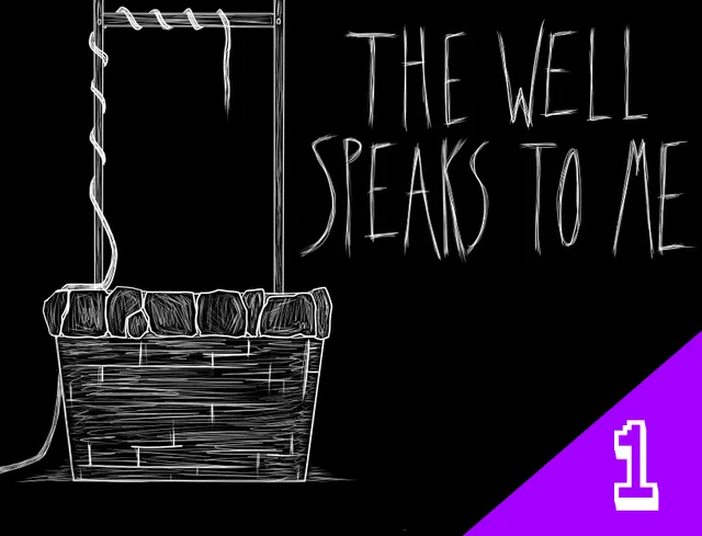 The Well Speaks to Me cover: a white line drawing of a well on black beside the title, with a purple corner marked 1