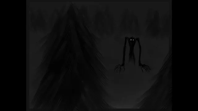 The Well Speaks to Me drawing: a tall thin dark figure with long fingers and glowing eyes among the trees