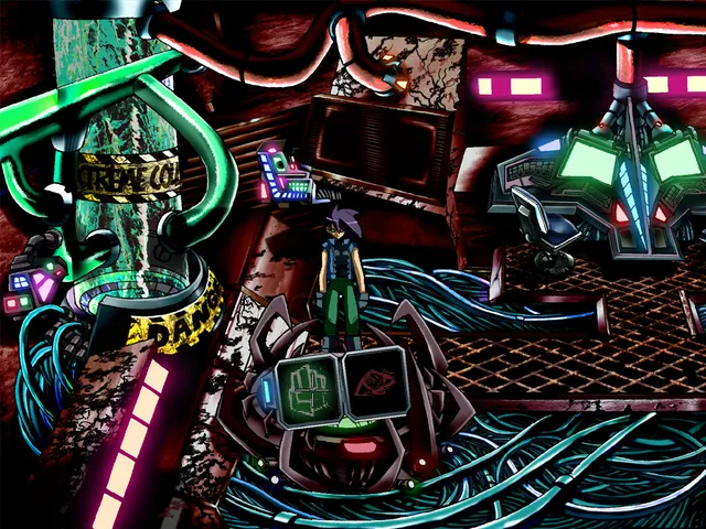the white chamber screenshot: the heroine stands among tangled cables, danger-taped pipes and glowing consoles in a dark station room