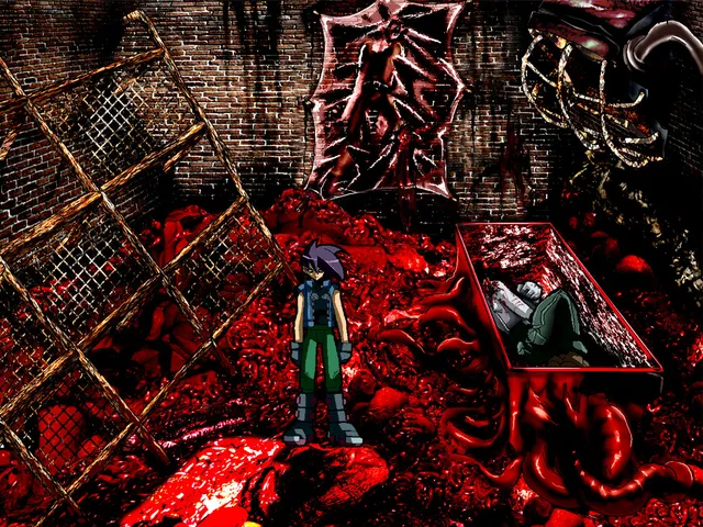 the white chamber screenshot: the heroine stands in a brick room whose floor is a heap of red flesh, beside an open coffin holding a body