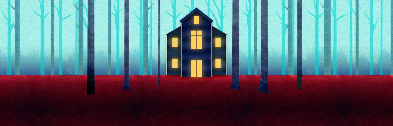 The Windows Are Gone key art: a dark house with glowing yellow windows stands among thin blue trees above a field of red grass