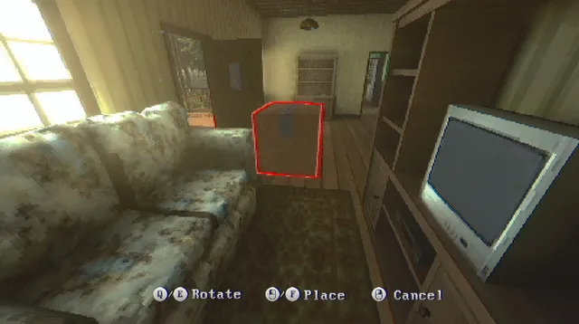 The Windows Are Gone screenshot: placing a box beside a worn floral sofa and an old television in the sunlit living room