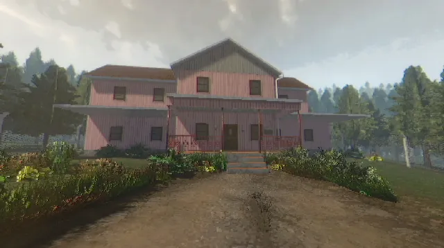 The Windows Are Gone screenshot: a two-storey pink house with a porch at the end of a dirt drive among pine trees
