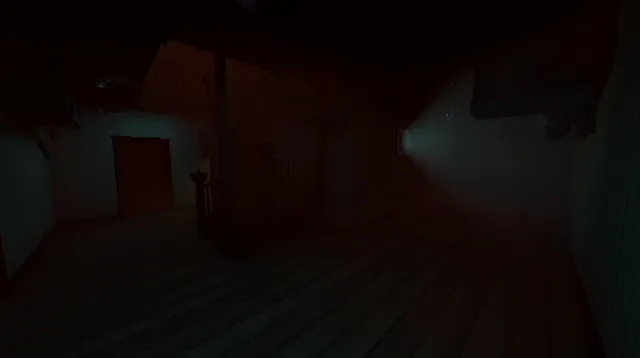 The Windows Are Gone screenshot: the house's hall in near darkness, lit only by a dim red glow