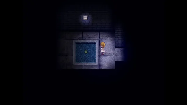 The Witch's House MV screenshot: Viola beside a square pool with a frog in a dark stone room