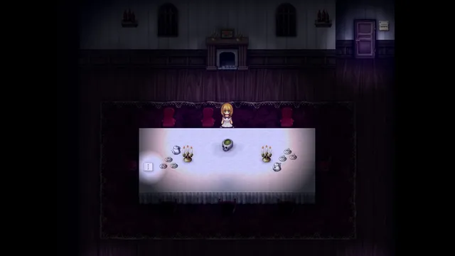 The Witch's House MV screenshot: Viola at a long dining table set with tea cups, candles and a skull