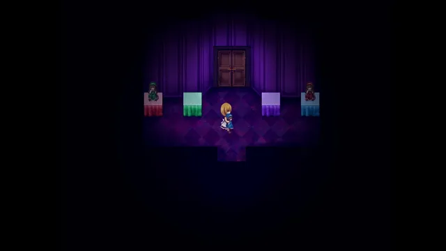 The Witch's House MV screenshot: Viola in a purple room before a double door, with dolls on coloured pedestals on each side