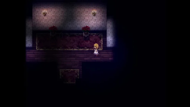 The Witch's House MV screenshot: Viola in a dim brick room with red carpet, roses in vases and candles on the wall