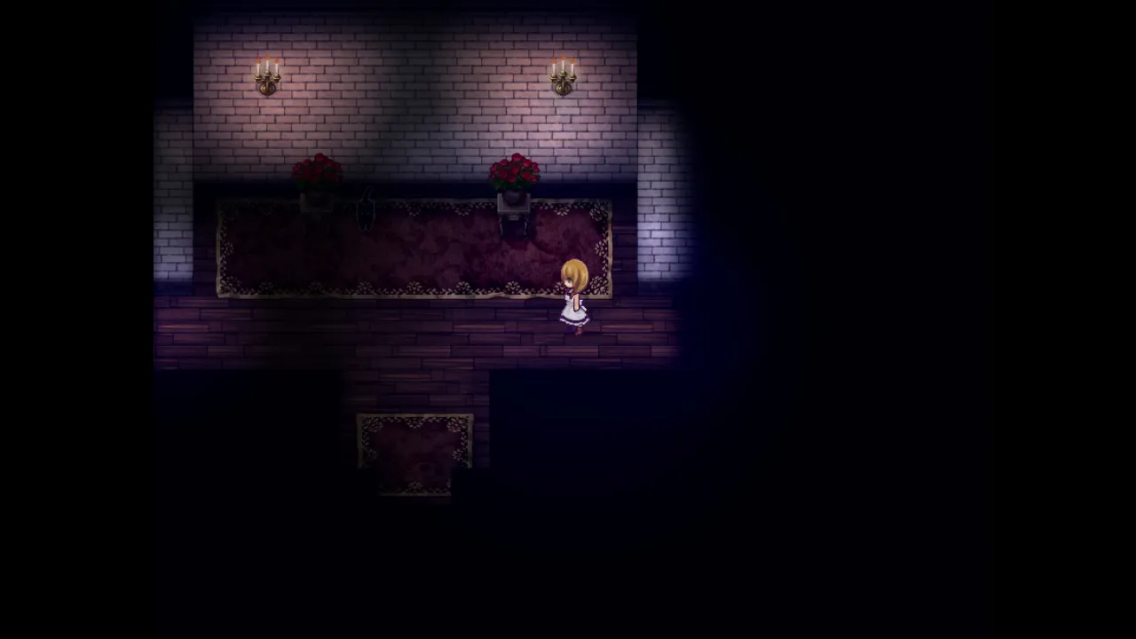The Witch's House MV screenshot: Viola in a dim brick room with red carpet, roses in vases and candles on the wall