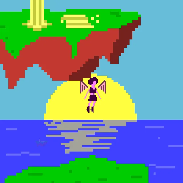 The World the Children Made: a winged girl in front of a setting sun under a floating island with a waterfall