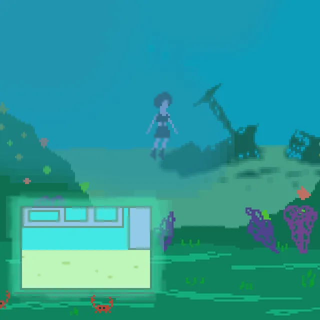 The World the Children Made: a figure floats in a blue-green underwater world beside a sunken ship and a glowing window