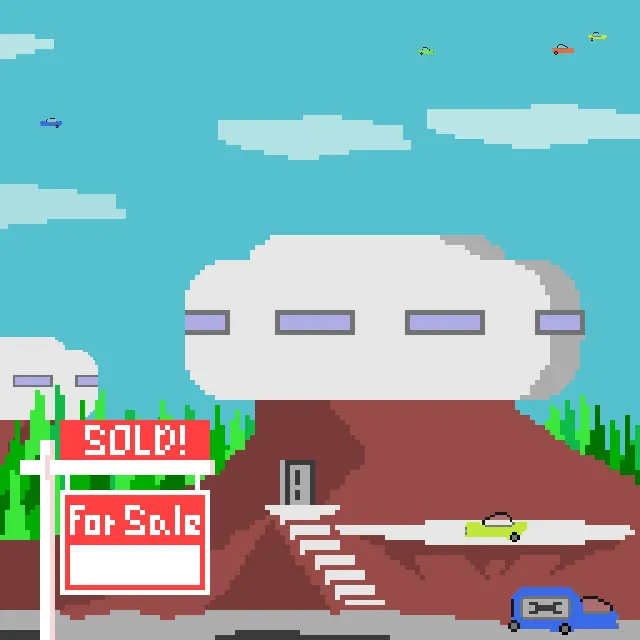 The World the Children Made: a round white house of the future on a red hill under a blue sky with flying cars, a SOLD sign on the For Sale board