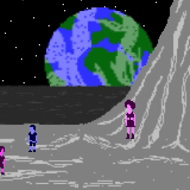 The World the Children Made: two children on the grey surface of the moon with the Earth huge in the black sky