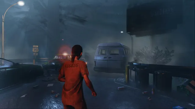 Them and Us screenshot: Alicia in an orange shirt walks a fog-bound road past a wrecked van
