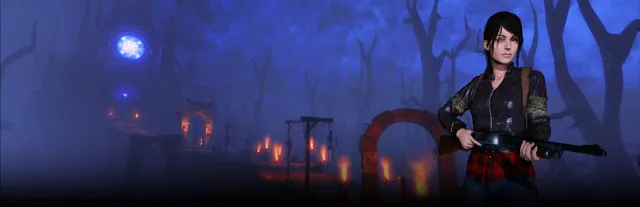 Them and Us key art: Alicia holding a pump shotgun beside a misty graveyard of gallows, torches and a stone arch under a blue night sky