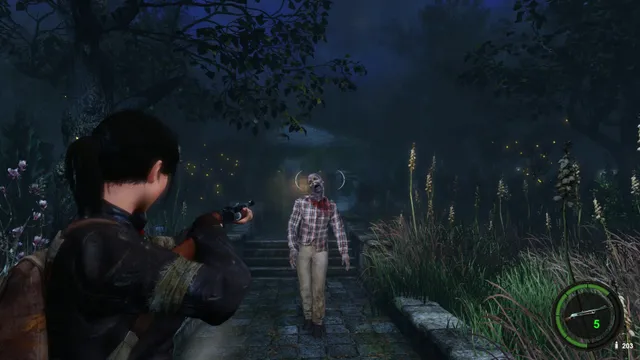 Them and Us screenshot: Alicia aims a shotgun at a bloodied man shambling toward her on a dark garden path