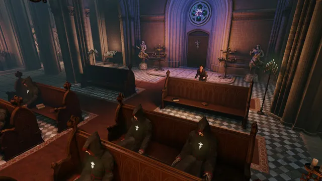 Them and Us screenshot: hooded figures sit motionless in the pews of a candle-lit church as Alicia stands near the altar