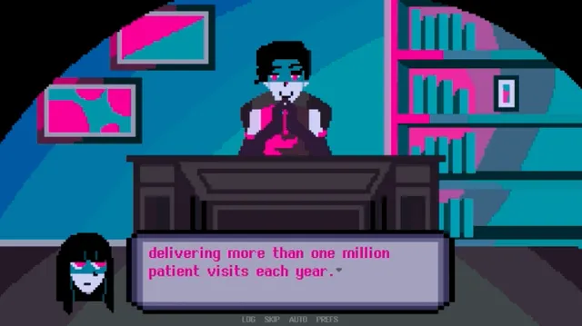 Therapy with Dr. Albert Krueger gameplay: the doctor behind his desk in a pixel-art office, boasting of a million patient visits a year