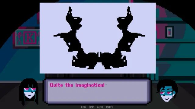 Therapy with Dr. Albert Krueger gameplay: an inkblot card held up, with the line Quite the imagination
