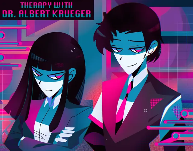 Therapy with Dr. Albert Krueger key art: Taylor with arms crossed beside the smirking Dr. Krueger in pink and teal light