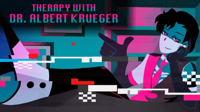 Therapy with Dr. Albert Krueger art: the doctor leaning on his hand and pointing, in a glitching office