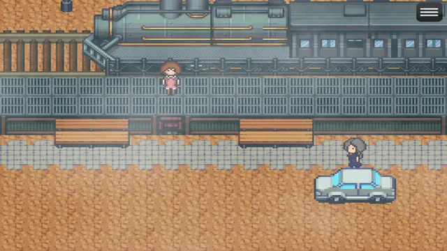 A pixel-art train station with Marion on the platform and a car parked outside