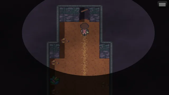 Marion walks down a narrow dark corridor in a pool of light