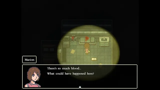 Marion stands in a dark room lit by a small circle of light, saying There's so much blood... What could have happened here?