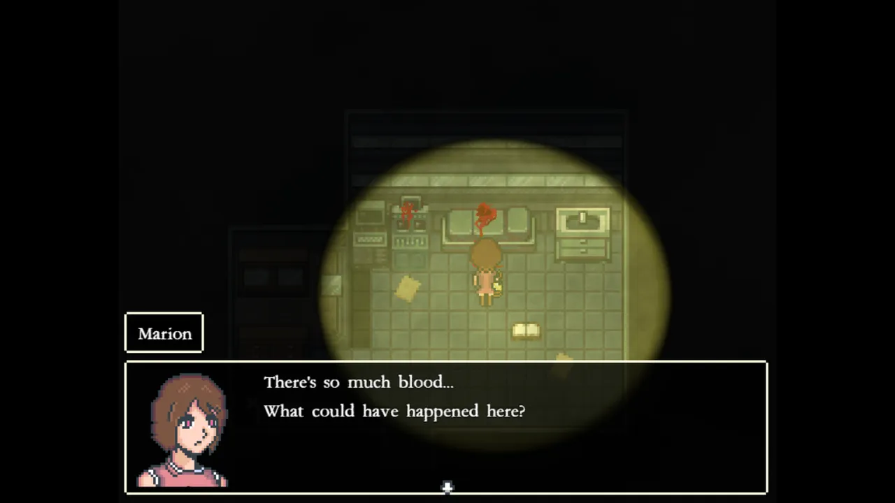 Marion stands in a dark room lit by a small circle of light, saying There's so much blood... What could have happened here?