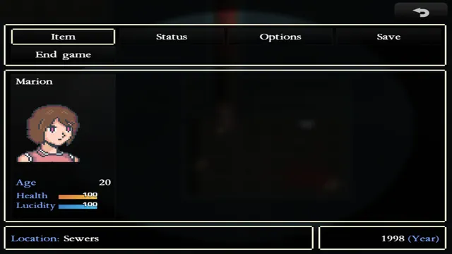 The menu showing Marion, age 20, with health and lucidity bars, in the sewers in 1998