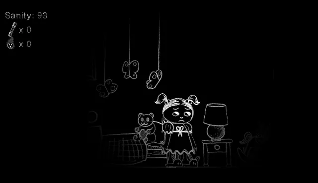 There's Something in the Corner screenshot: a chalk-drawn girl in pigtails and bunny slippers in her dark bedroom, sanity 93 and no fuses found