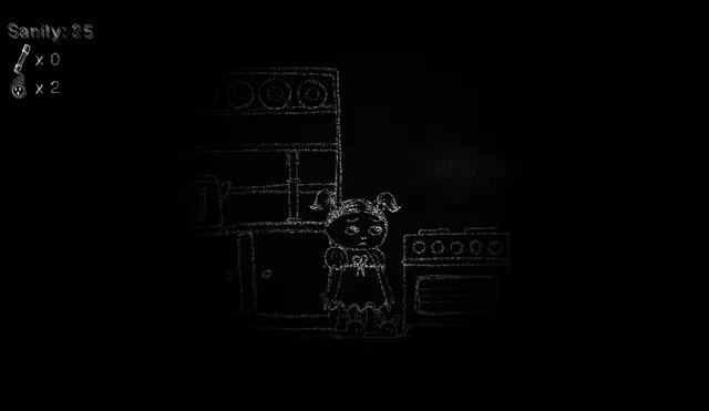There's Something in the Corner screenshot: the girl in a dark chalk-drawn kitchen beside the stove, sanity down to 25