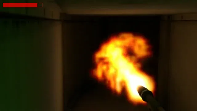A burst of flamethrower fire filling a grimy, dark corridor of the ship