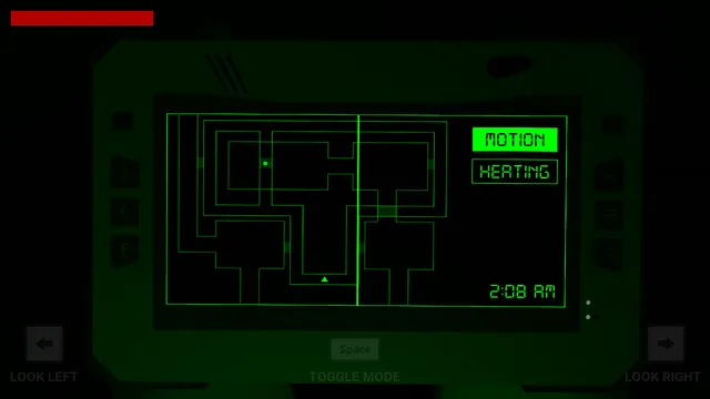 The green motion sensor showing a map of the ship's corridors, a blip near the player and the time 2:08 AM