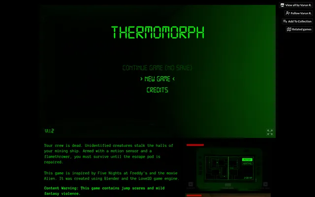 Thermomorph running in the browser on its itch.io page, at its green title menu
