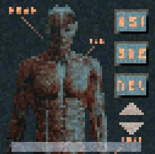 A pixelated scan of a flayed human torso, muscles and bones exposed, beside lab readouts