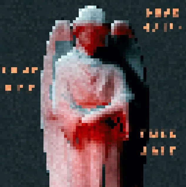 A pixelated scan of a white winged statue holding a figure, streaked with red