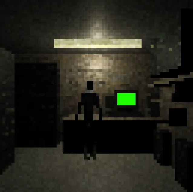 A dim lab room with a figure standing at a desk beside a glowing green screen