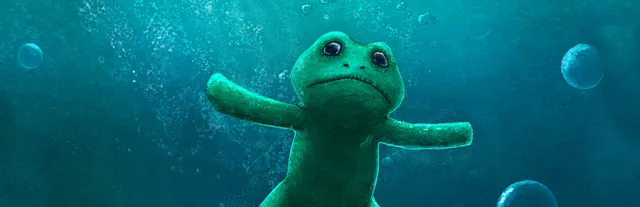 They Breathe key art: a sad-eyed green frog sinking through blue water among air bubbles