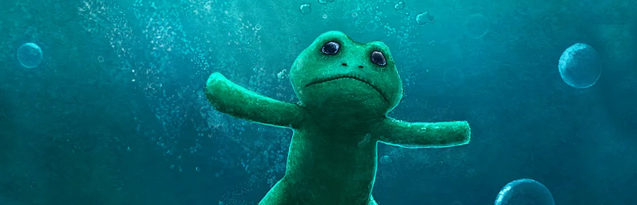 They Breathe key art: a sad-eyed green frog sinking through blue water among air bubbles