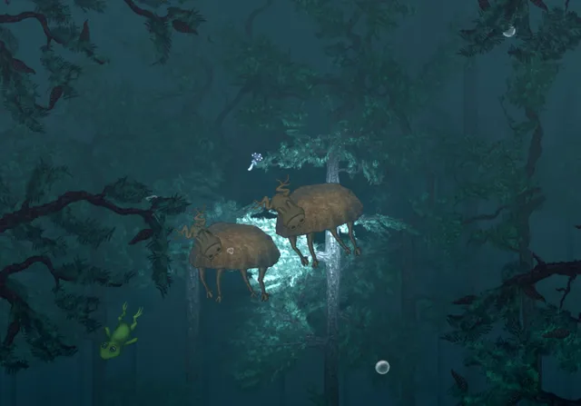 Two antlered creatures hanging among submerged pine branches while the frog swims below